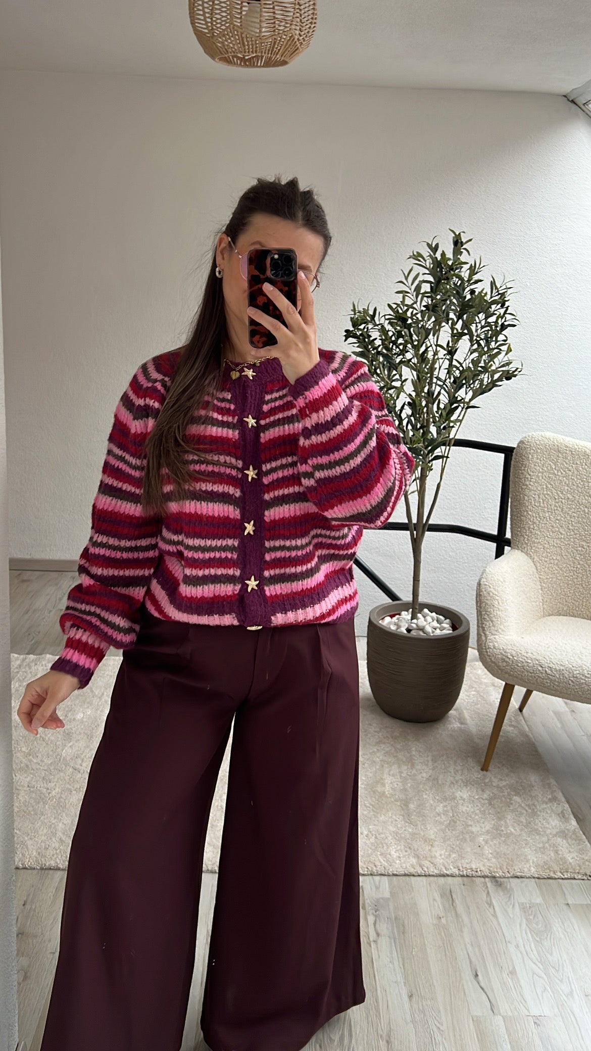 GESTREEPTE CARDIGAN PAARS-ROZE