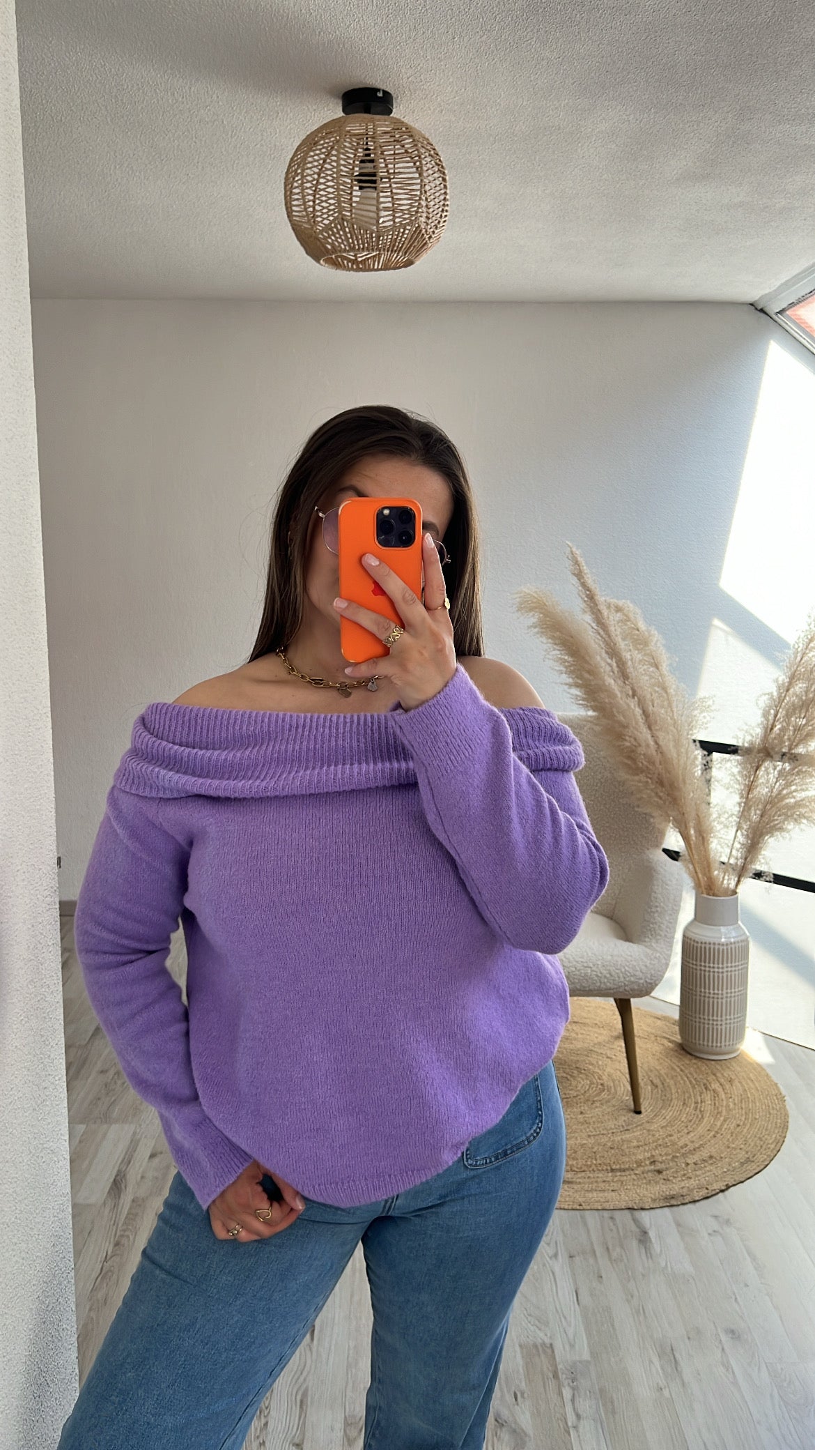 Off shoulder knit paars