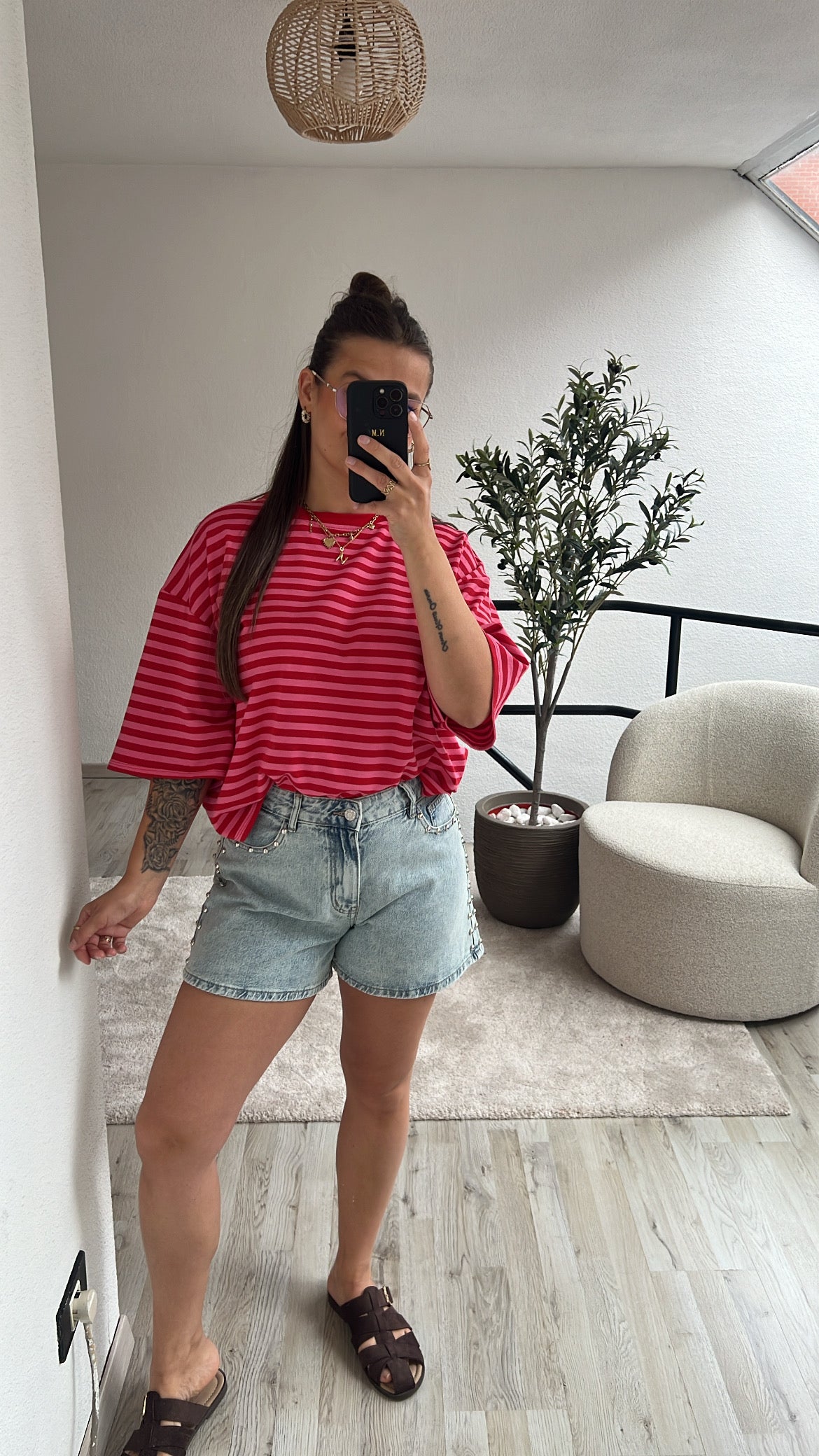 GESTREEPT SHIRT ROOD