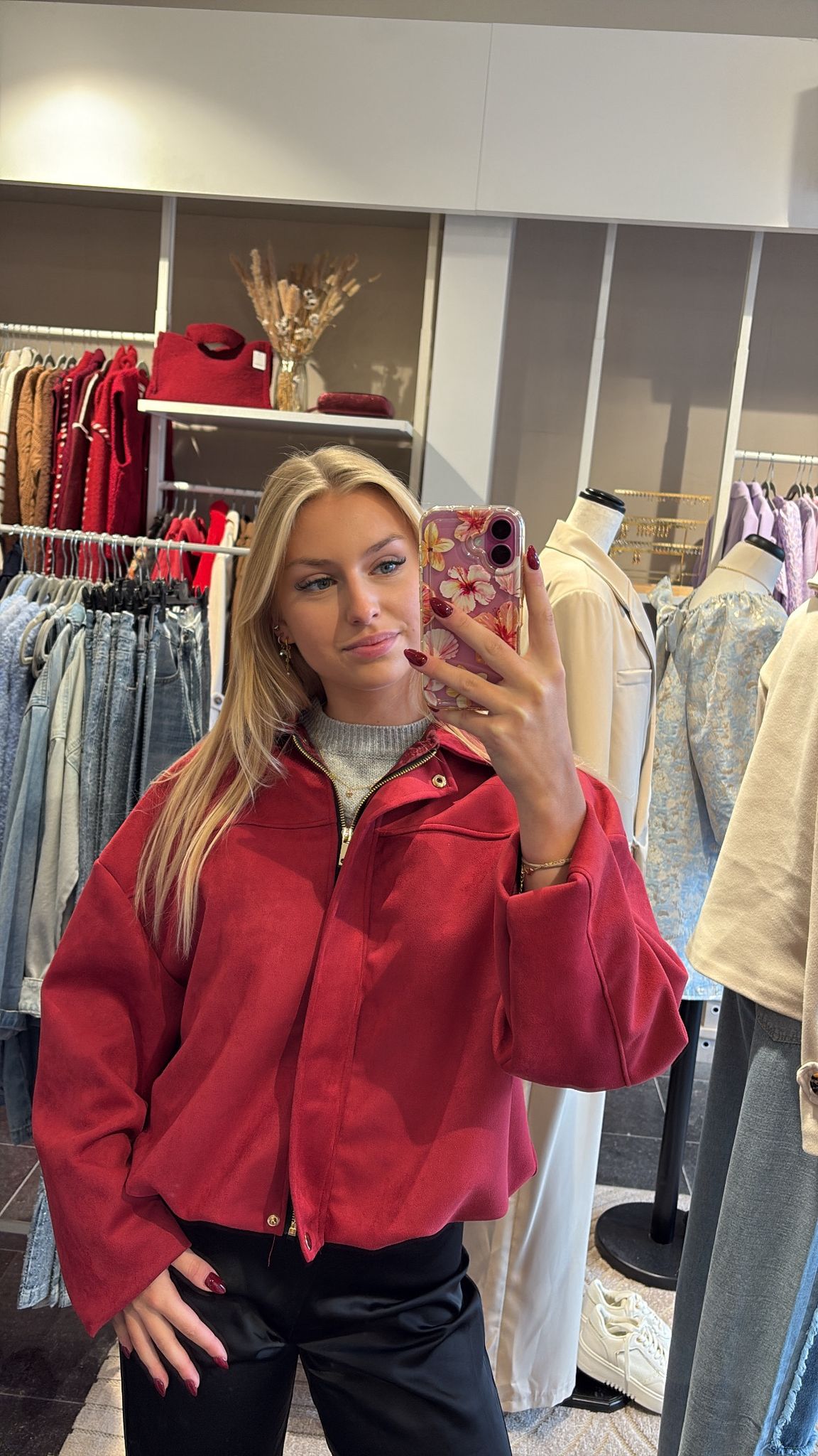 Suede bomber rood