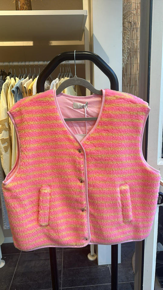 TEDDY GILET ROZE-GEEL GESTREEPT