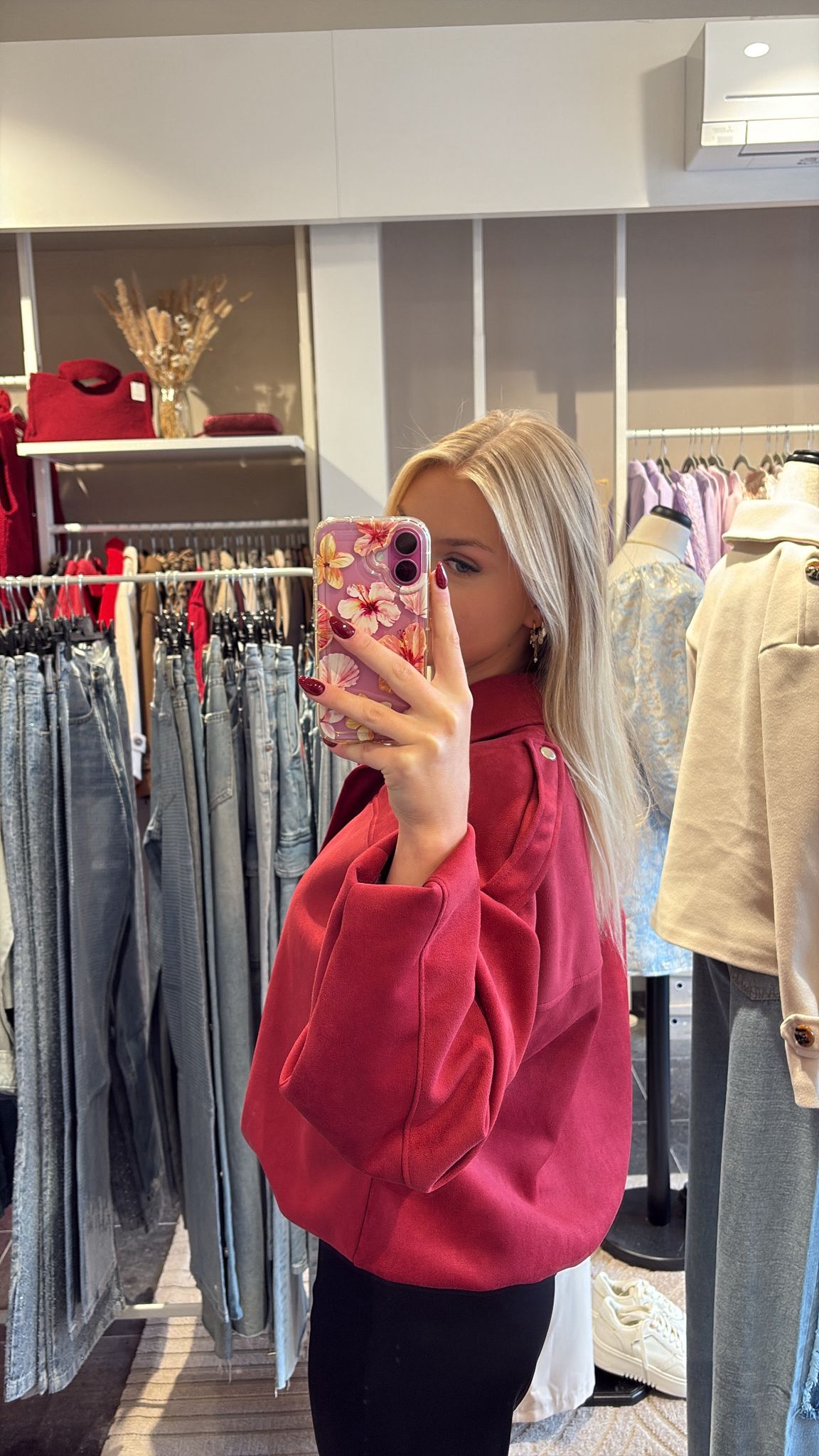 Suede bomber rood