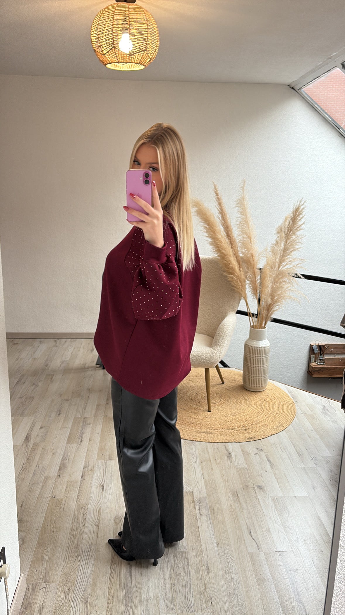 Trui glittermouwen burgundy
