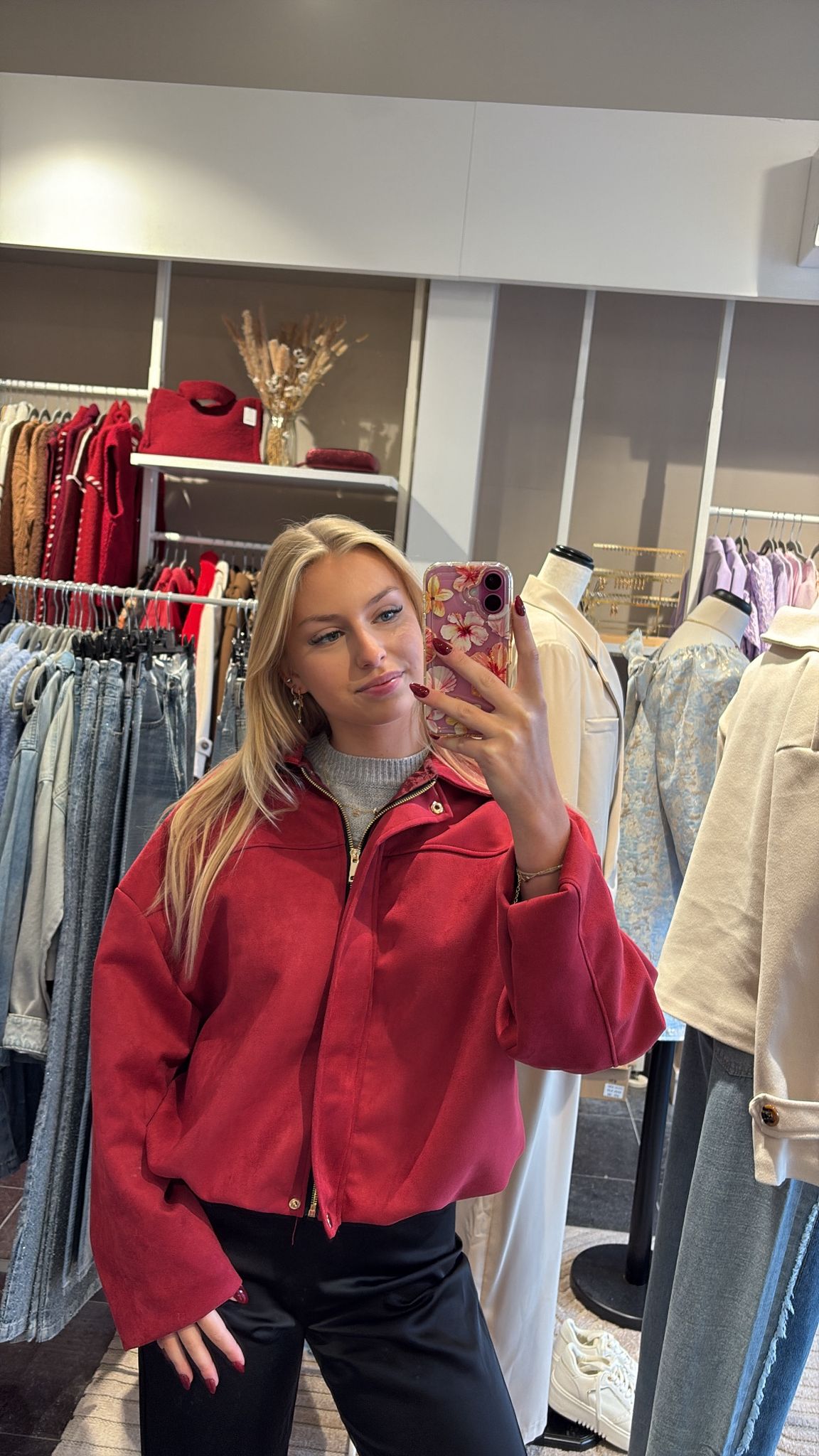 Suede bomber rood