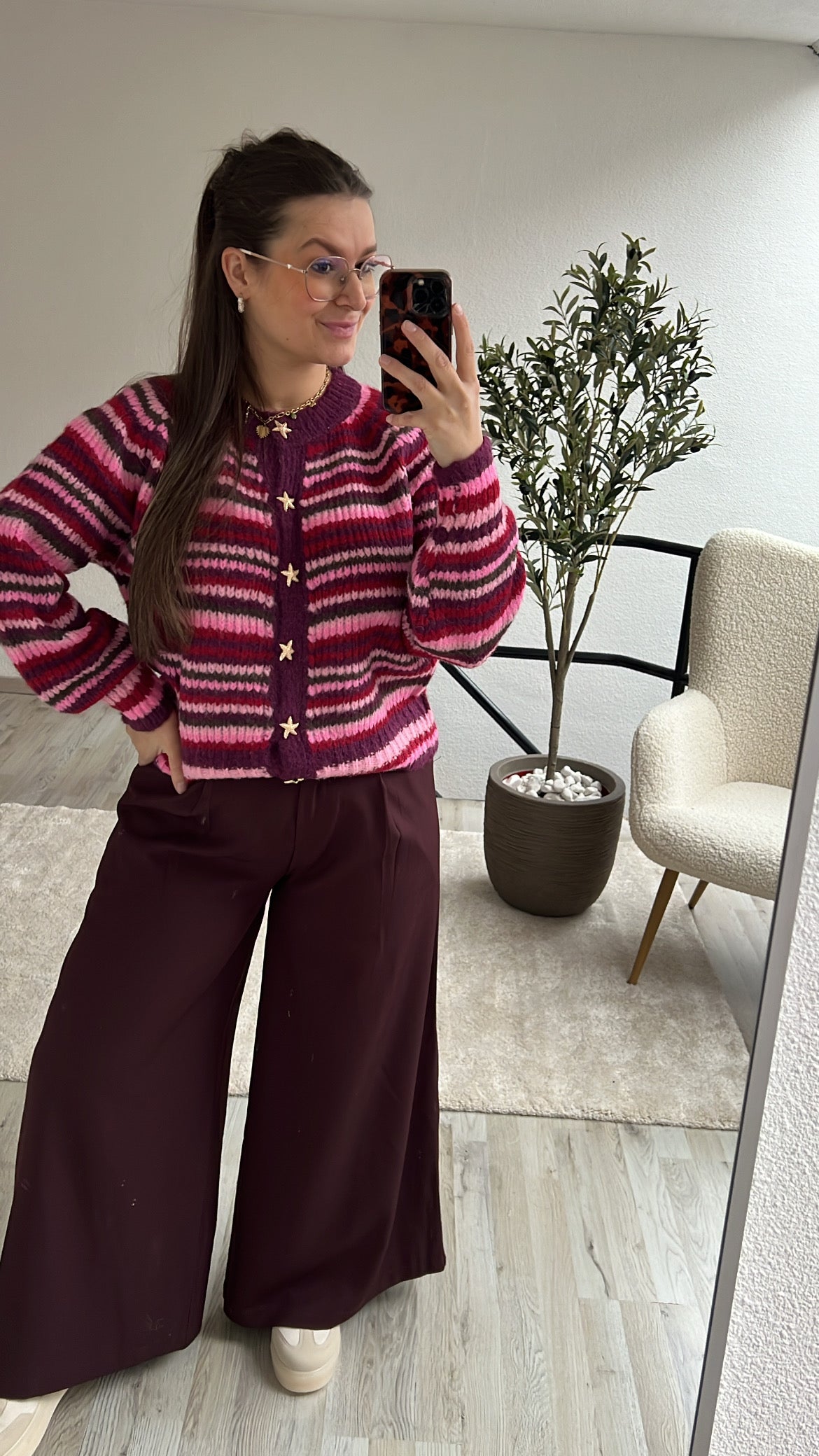 GESTREEPTE CARDIGAN PAARS-ROZE