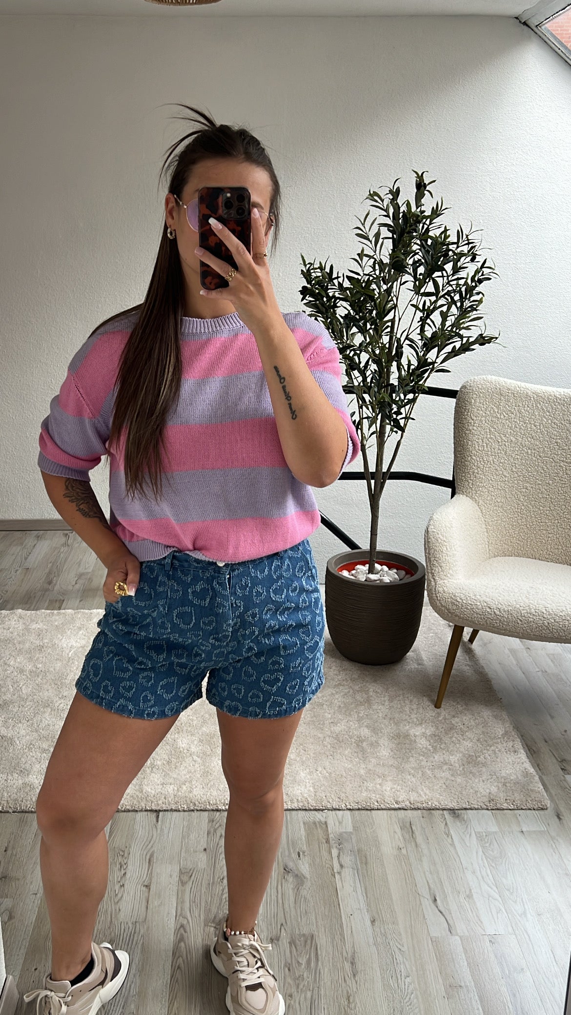 GESTREEPTE KNIT TOP PAARS-ROZE