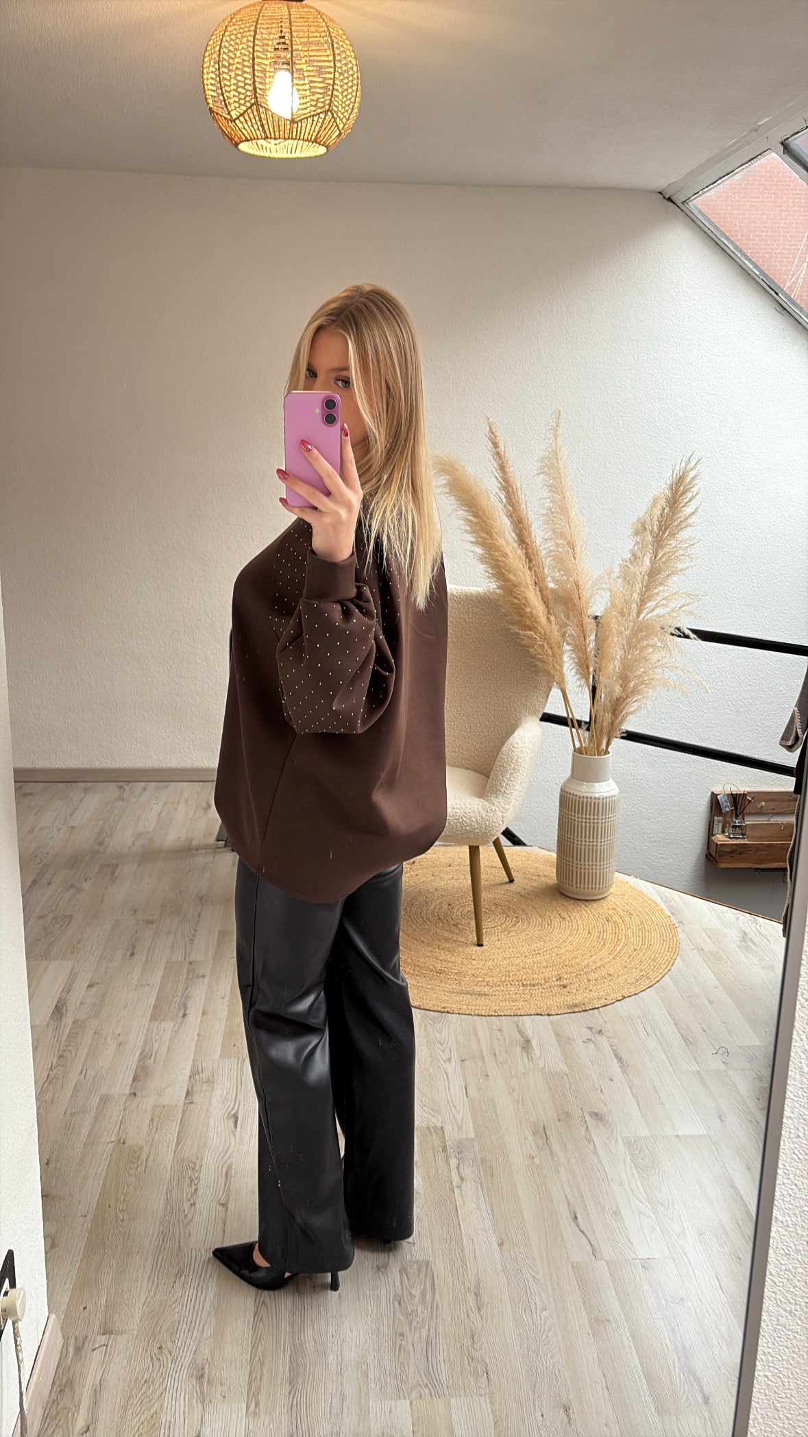 Trui glittermouwen bruin