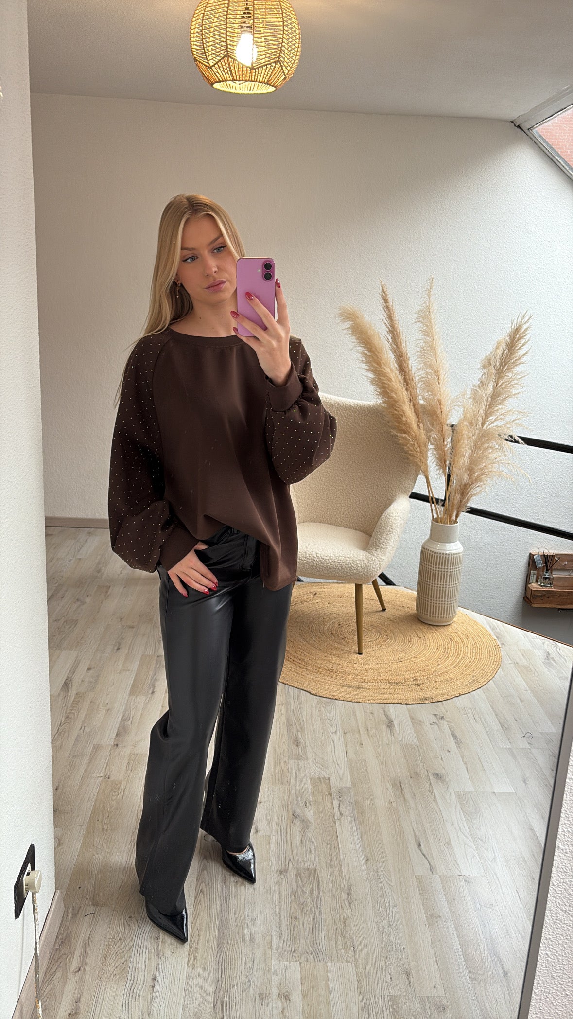 Trui glittermouwen bruin