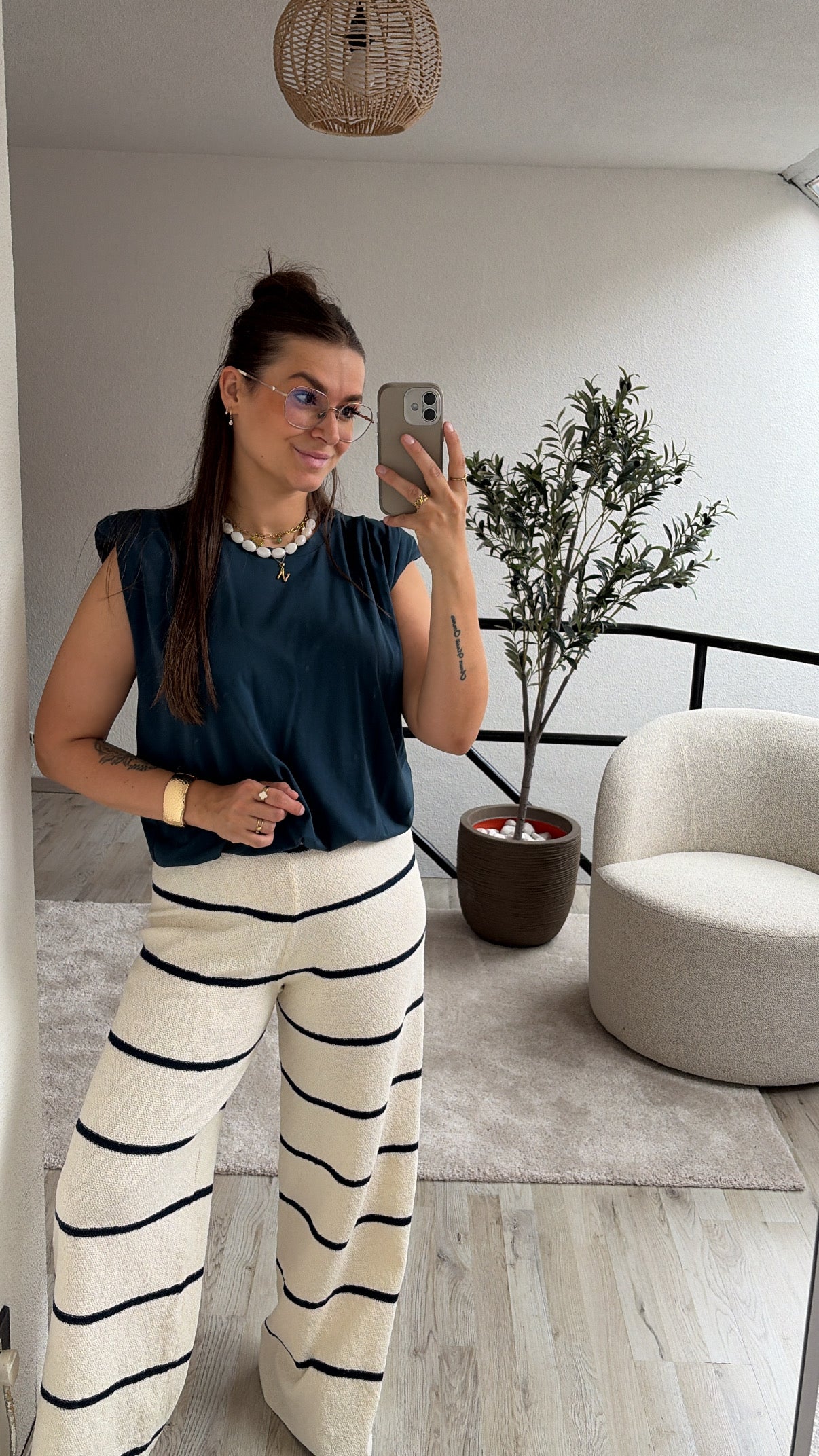 KNITTED BROEK ECRU-NAVY