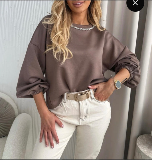 Sweater diamantjes taupe