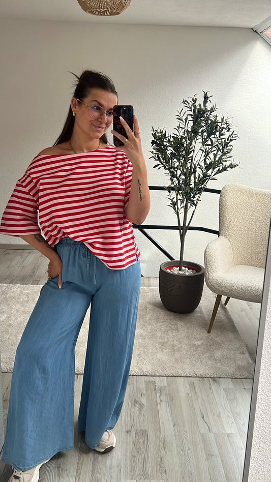 STRIPED OFF SHOULDER TEE