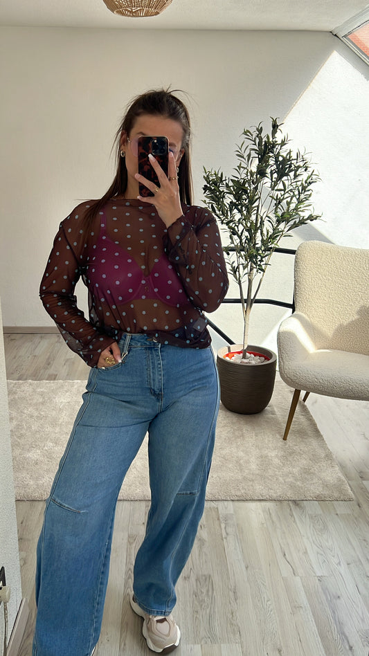 MESH TOP POLKA BRUIN-BLAUW