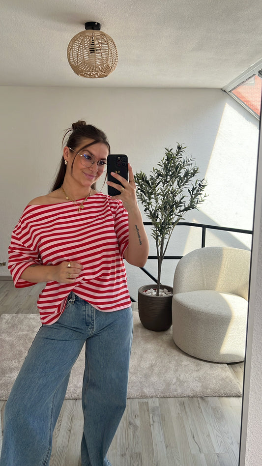 STRIPED OFF SHOULDER TEE