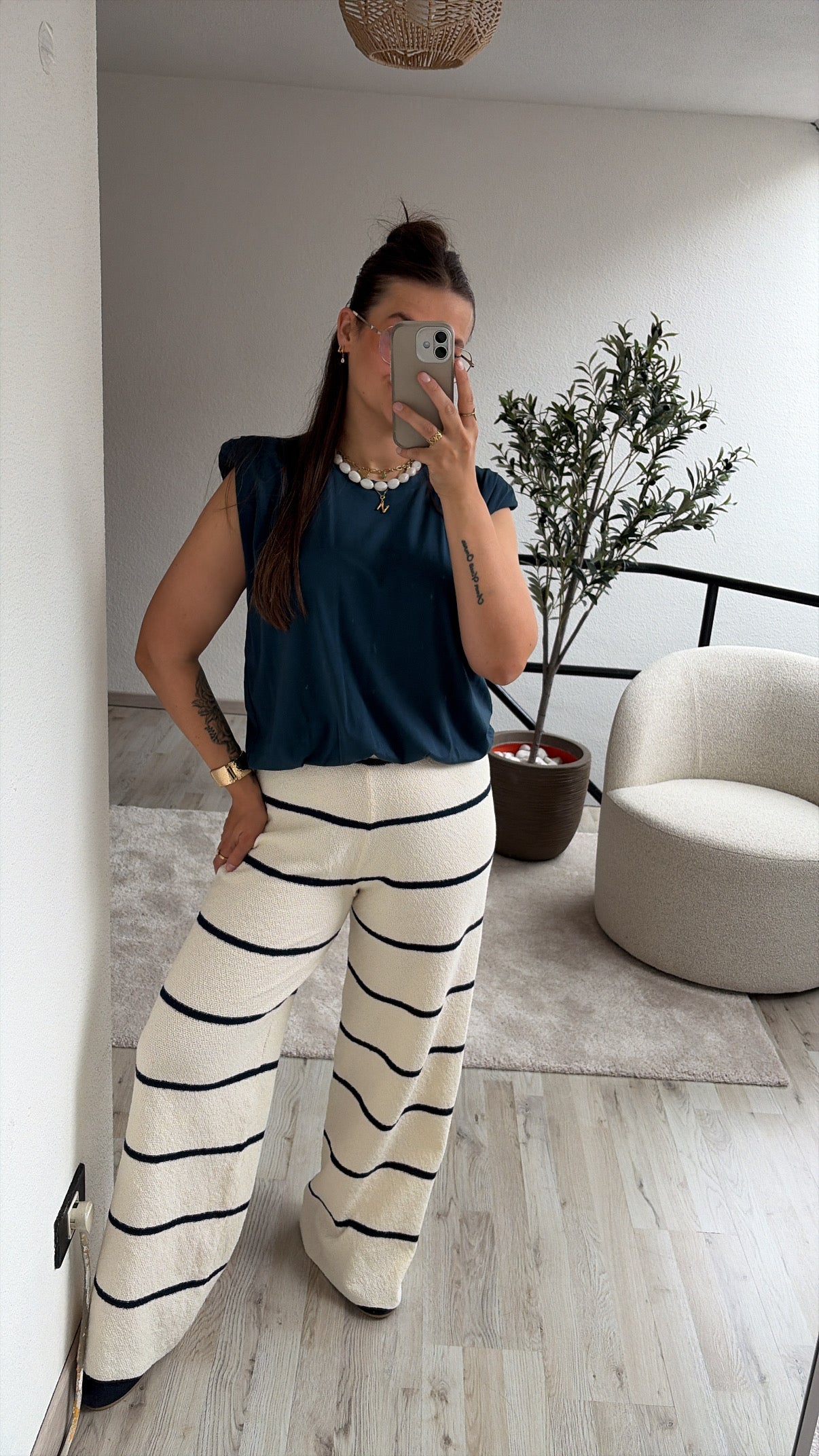 KNITTED BROEK ECRU-NAVY
