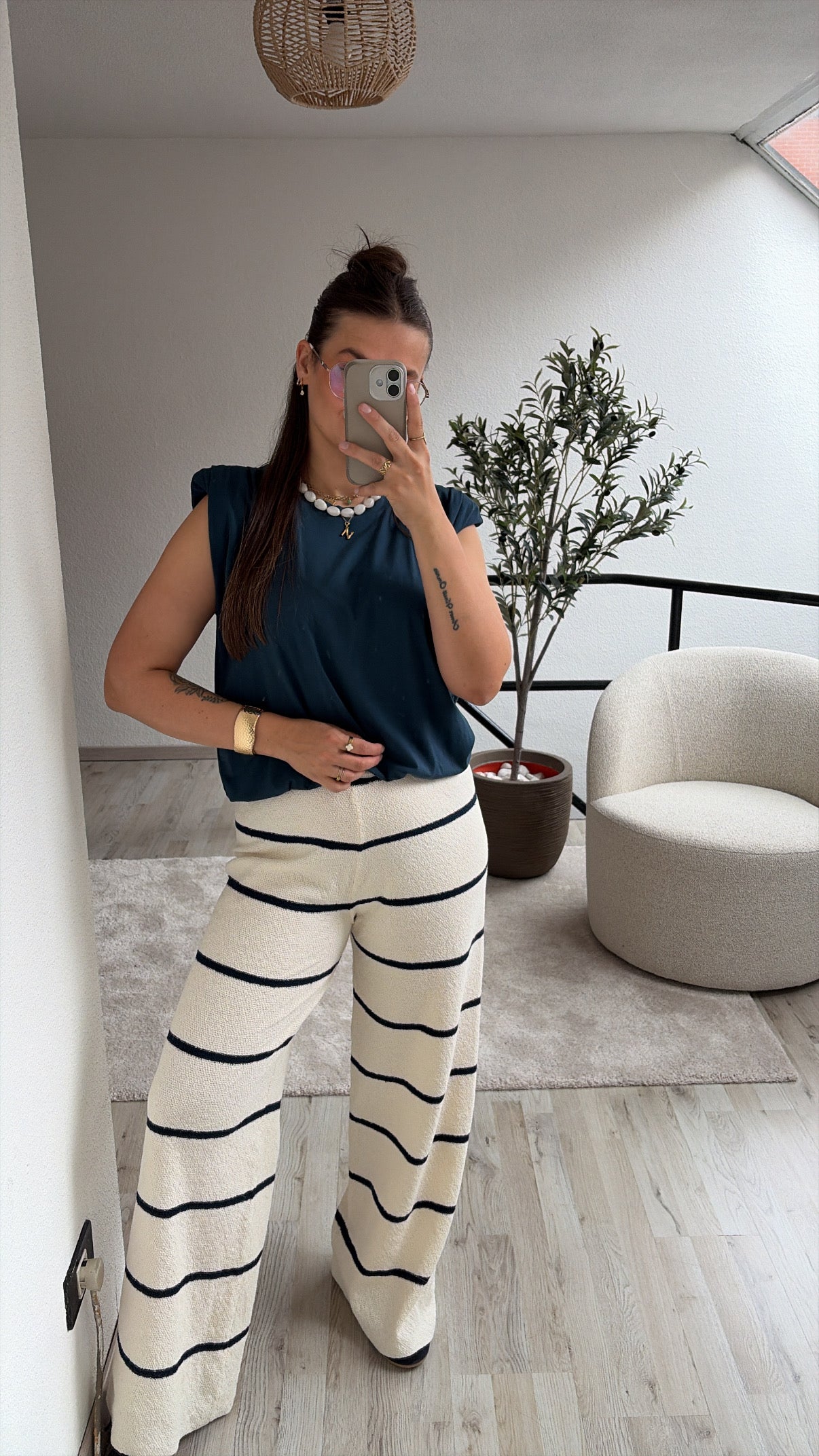 KNITTED BROEK ECRU-NAVY