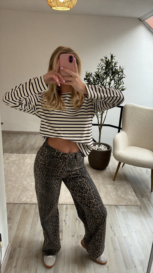 GESTREEPTE TOP CREME-BRUIN