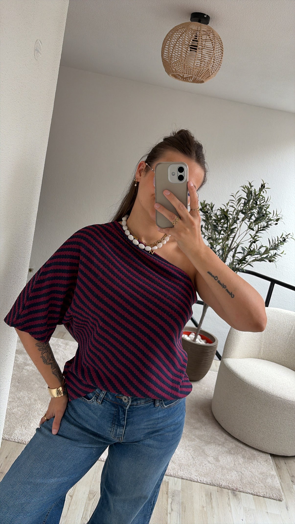 ONE SHOULDER SHIRT NAVY/BURGUNDY