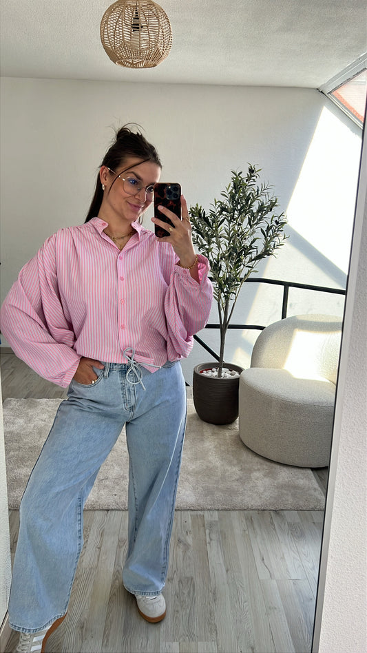 GESTREEPTE BLOUSE ROZE-BLAUW