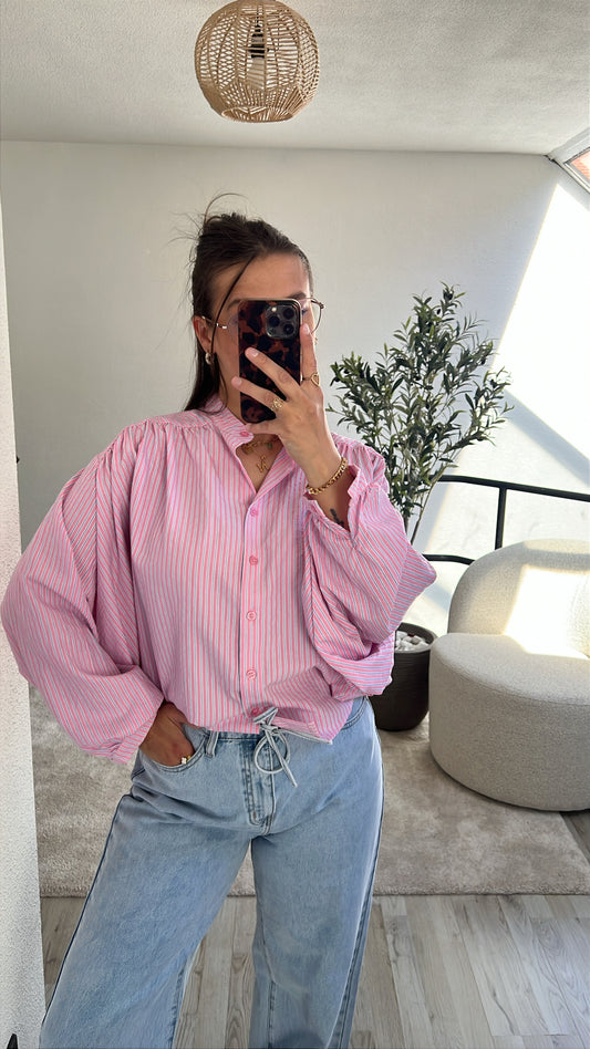 GESTREEPTE BLOUSE ROZE-BLAUW