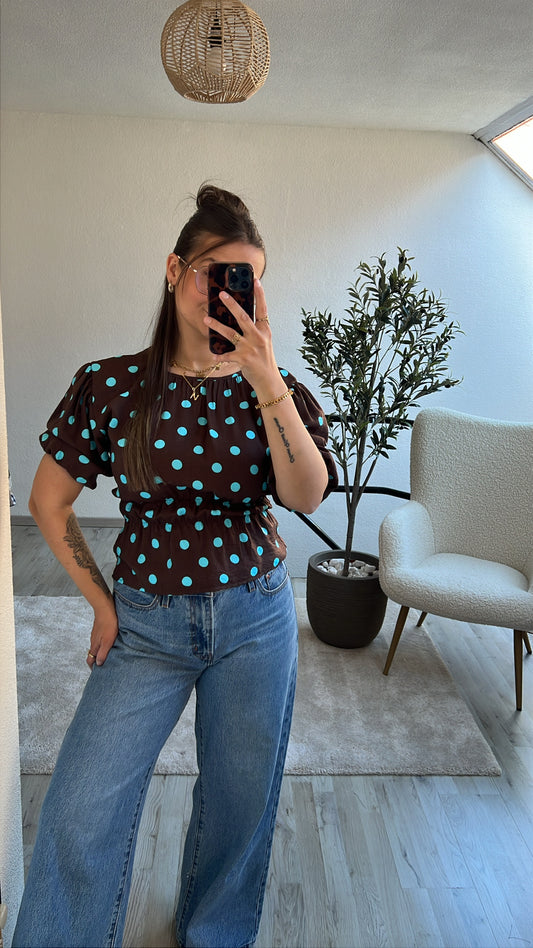 POLKADOT BLOUSE BRUIN/BLAUW