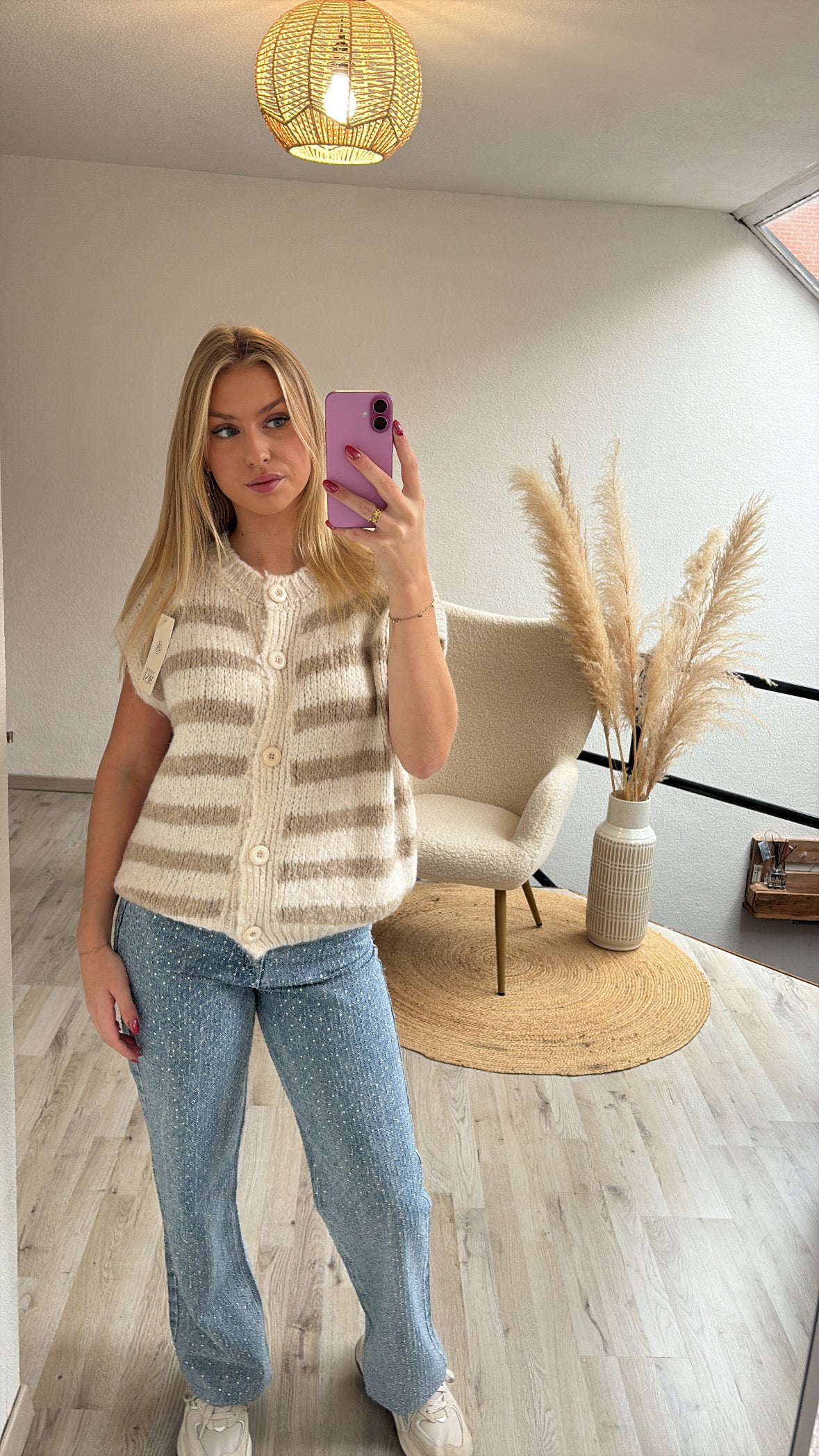 Gestreepte gilet beige