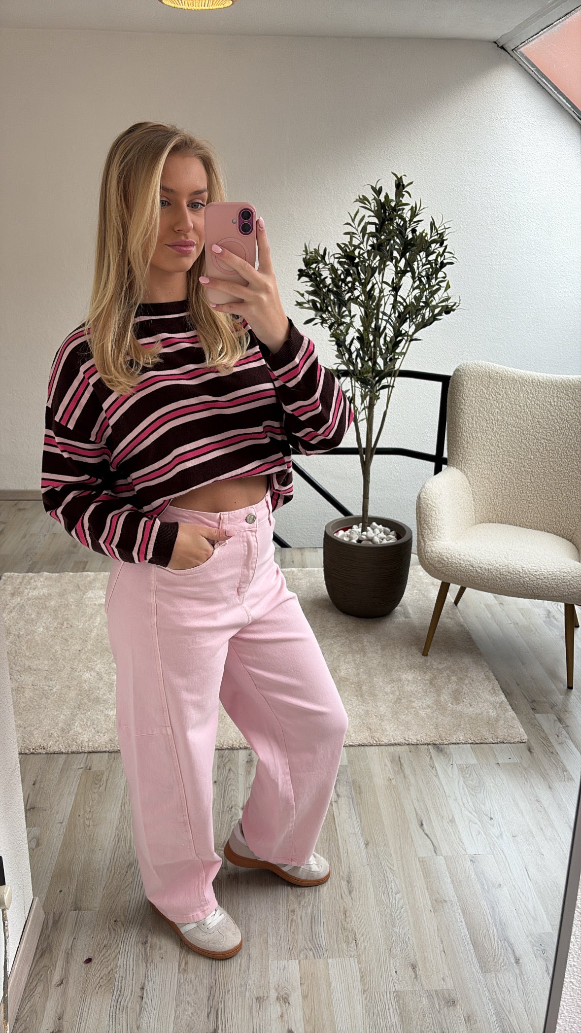 GESTREEPTE LONGSLEEVE BRUIN-ROZE