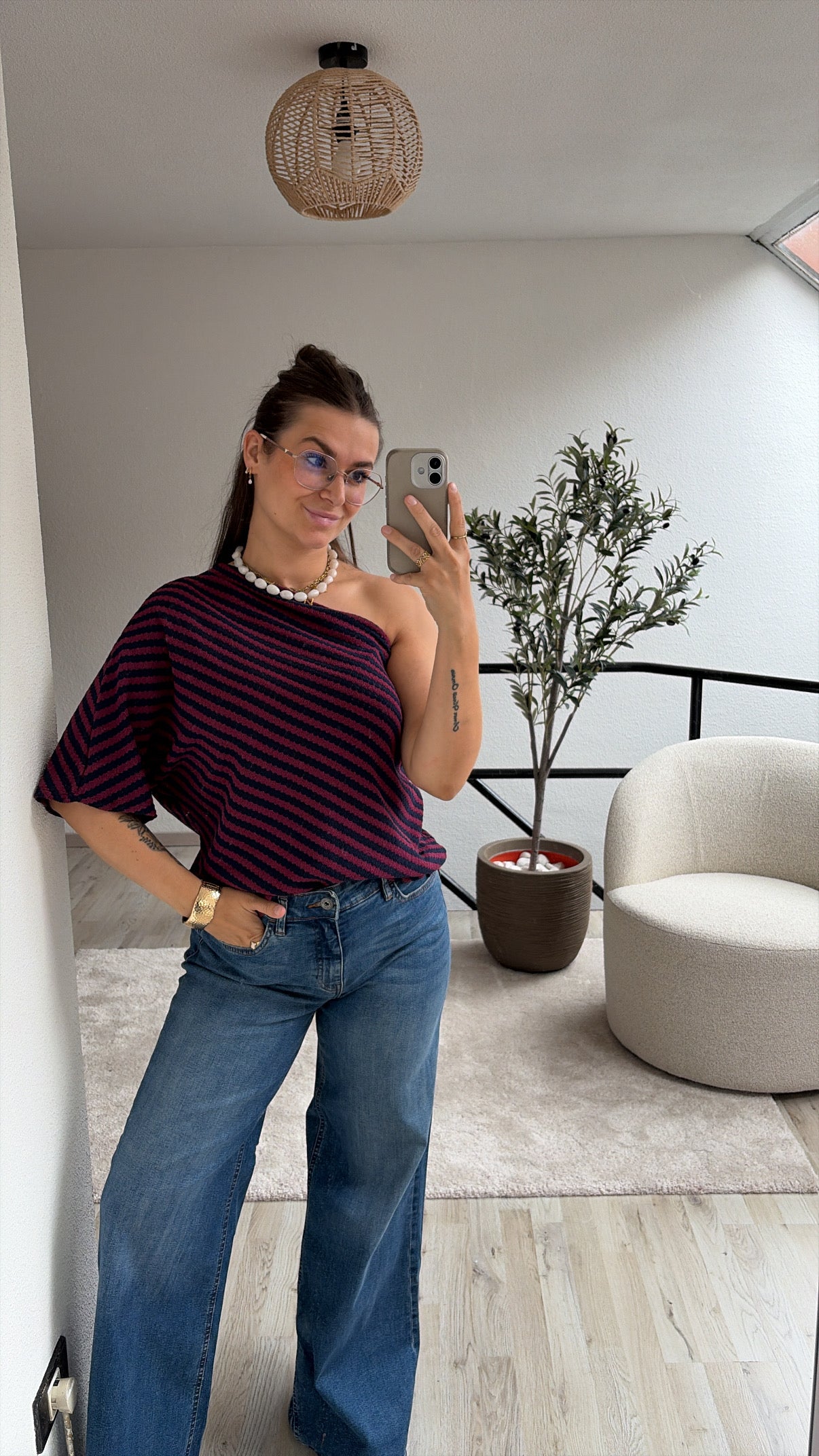 ONE SHOULDER SHIRT NAVY/BURGUNDY