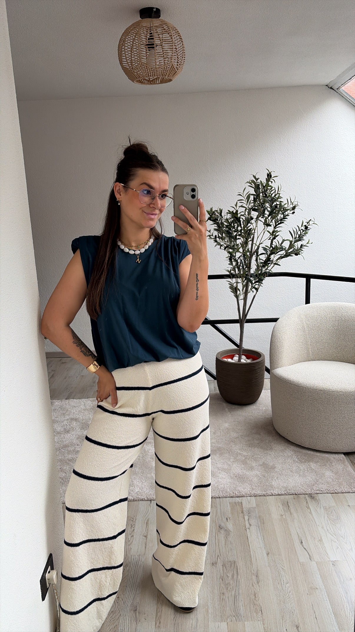 KNITTED BROEK ECRU-NAVY