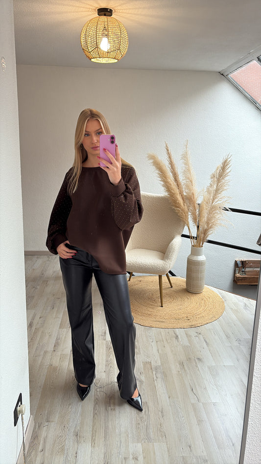 Trui glittermouwen bruin