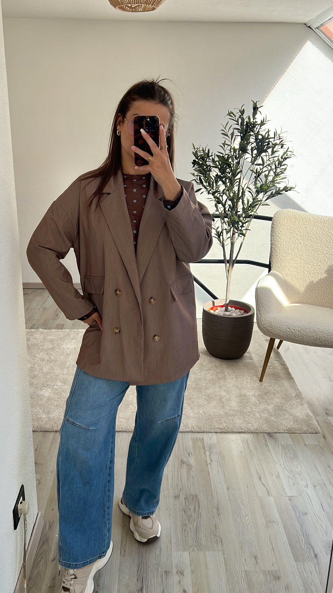 MESH TOP POLKA BRUIN-BLAUW