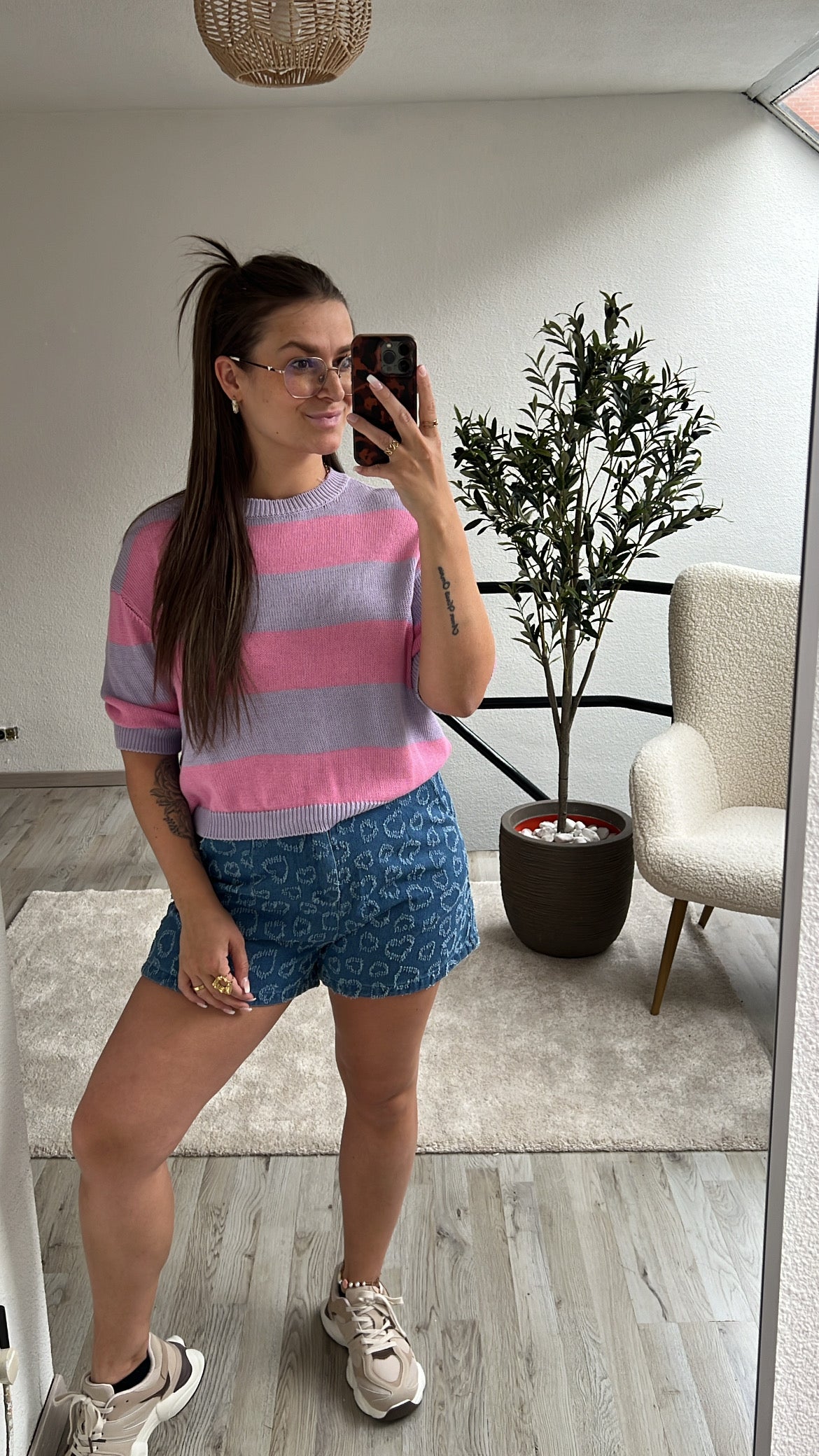 GESTREEPTE KNIT TOP PAARS-ROZE